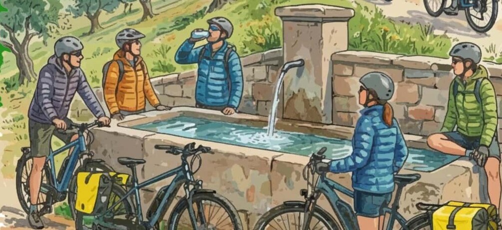 A group of cyclists at a water station with a fountain. 4