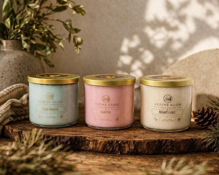Three candles on a wooden surface with a plant in the background. 3
