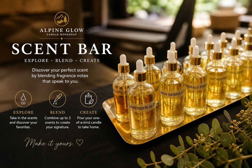 A scent bar with bottles labeled 'LAVENDER GLO' and 'EMERALD FOREST' on a tray. 1