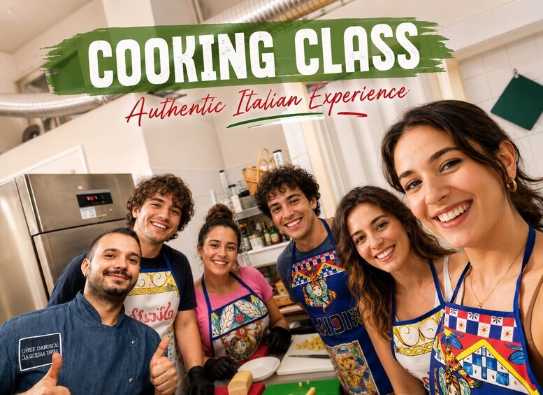 A cooking class with participants wearing aprons, a kitchen setting, and a sign reading 'COOKING CLASS Authentic Italian Experience.' 1