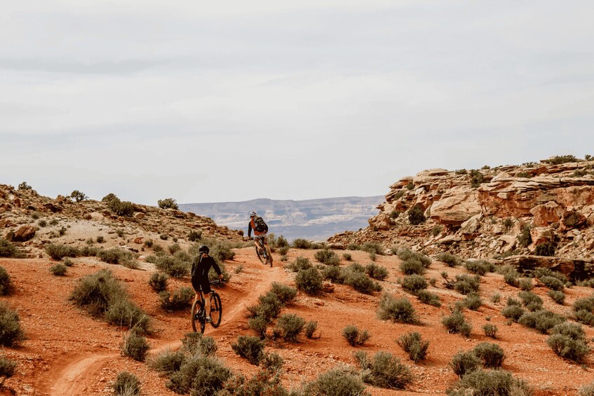 Two cyclists on a dirt trail in a desert landscape with sparse vegetation and rocky terrain. 1