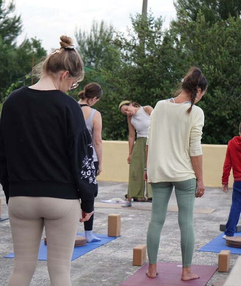 A group of people practicing yoga outdoors on mats. 5