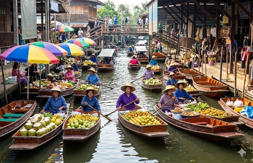 A bustling floating market with canoes filled with fruits and vegetables, vendors, and colorful umbrellas. 2