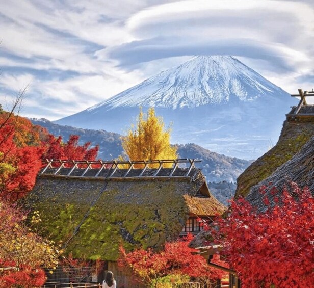 A snow-capped mountain, autumn foliage, and traditional architecture. 3