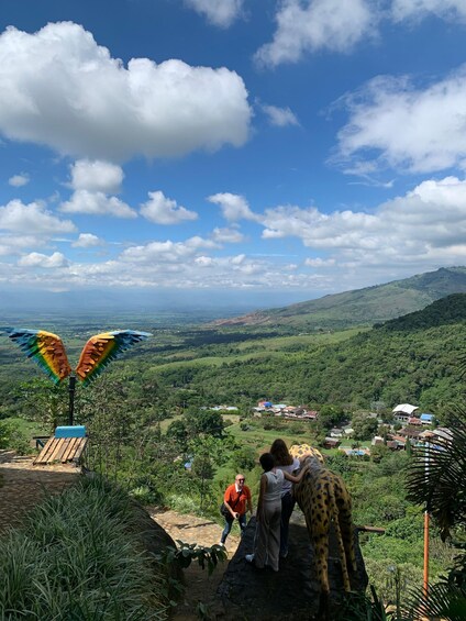 A scenic view of a valley with a giraffe statue, a wooden structure, and a person in an orange shirt. 2