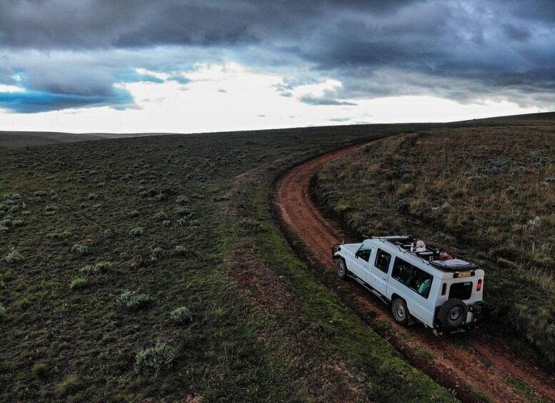 A white off-road vehicle on a dirt road in a grassy landscape. 2