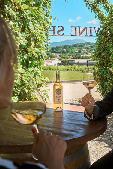 Two people sitting at a wooden table with a bottle of wine and glasses, overlooking a vineyard. 2