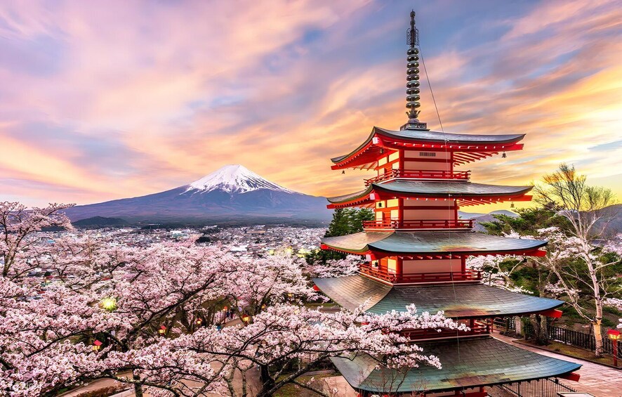 A pagoda, cherry blossoms, and Mount Fuji in the background. 2