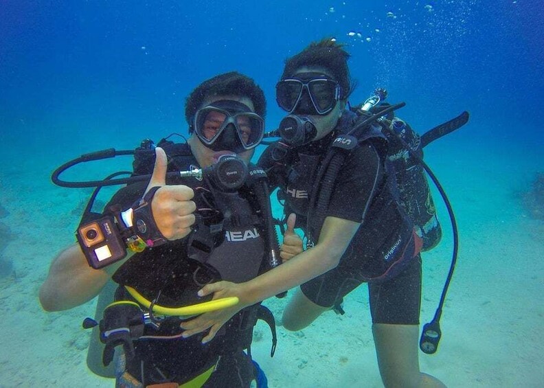 Two scuba divers underwater, one holding a camera, both wearing black diving suits and oxygen tanks. 1