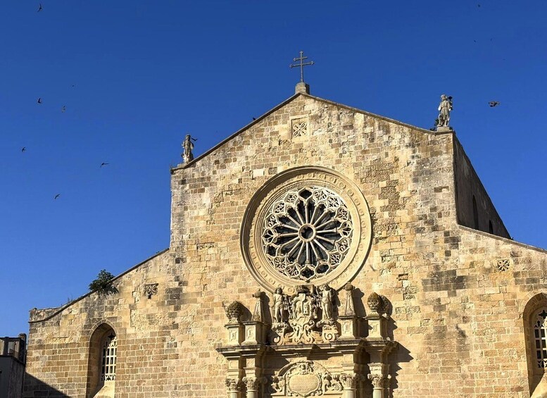 A historic church with a large rose window and statues on the facade. 5