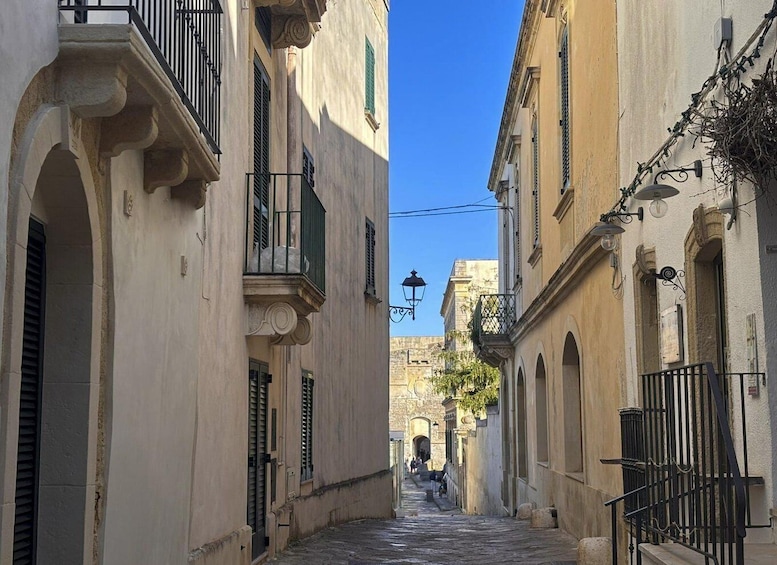 A narrow street with historic buildings, a clear blue sky, and a distant view of a castle. 2