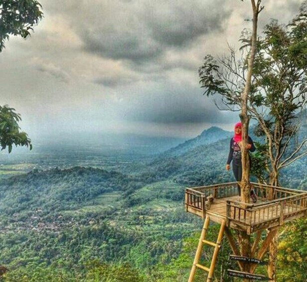A person on a wooden platform overlooking a mountainous landscape. 5