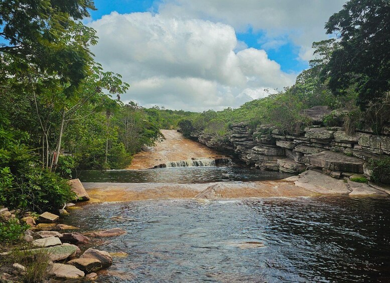 A waterfall cascading over a rocky ledge surrounded by dense greenery. 2