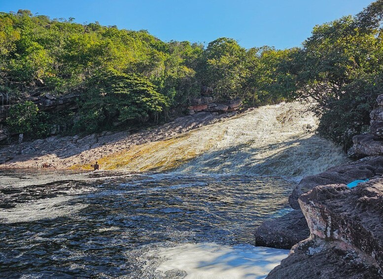 A river flowing through a rocky landscape with dense green foliage on the banks. 1