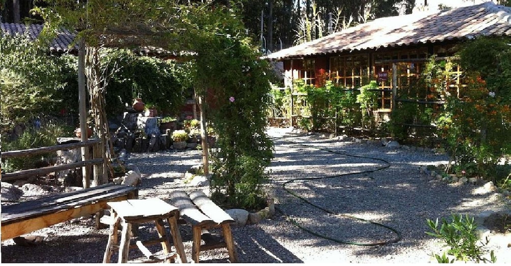 A garden with a wooden bench, a rustic building, and a gravel path. 5