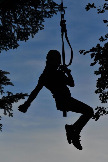 A silhouette of a person swinging on a rope. 4