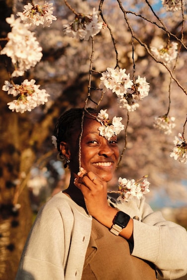 A person standing under blooming cherry blossoms with branches overhead. 4