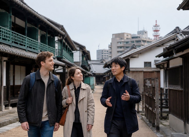 A traditional Japanese street with wooden buildings and a modern tower in the background. 3