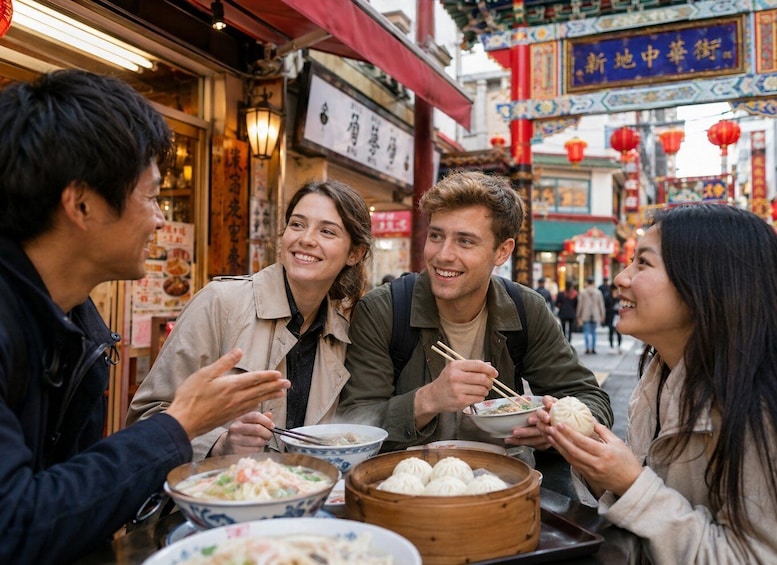 A group of people dining at a street food stall with traditional Chinese architecture in the background. 4