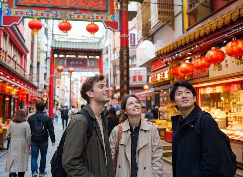 A bustling street market with traditional architecture and red lanterns. 1