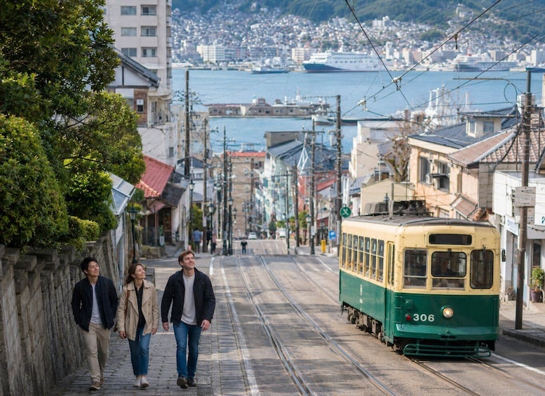 A tram on tracks, people walking on a street, and a cityscape with a body of water in the background. 2