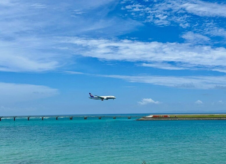An airplane flying over a turquoise sea with a clear sky. 1