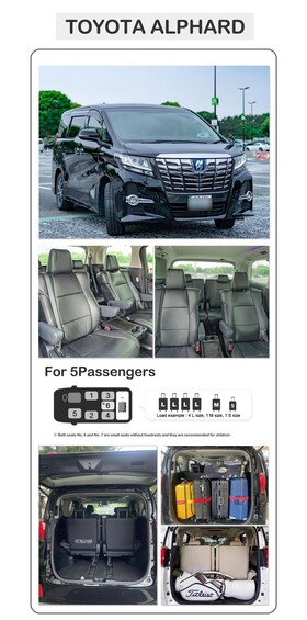 A Toyota Alphard SUV with a 5-seater configuration, including a rear fold-down table and a luggage compartment. 5