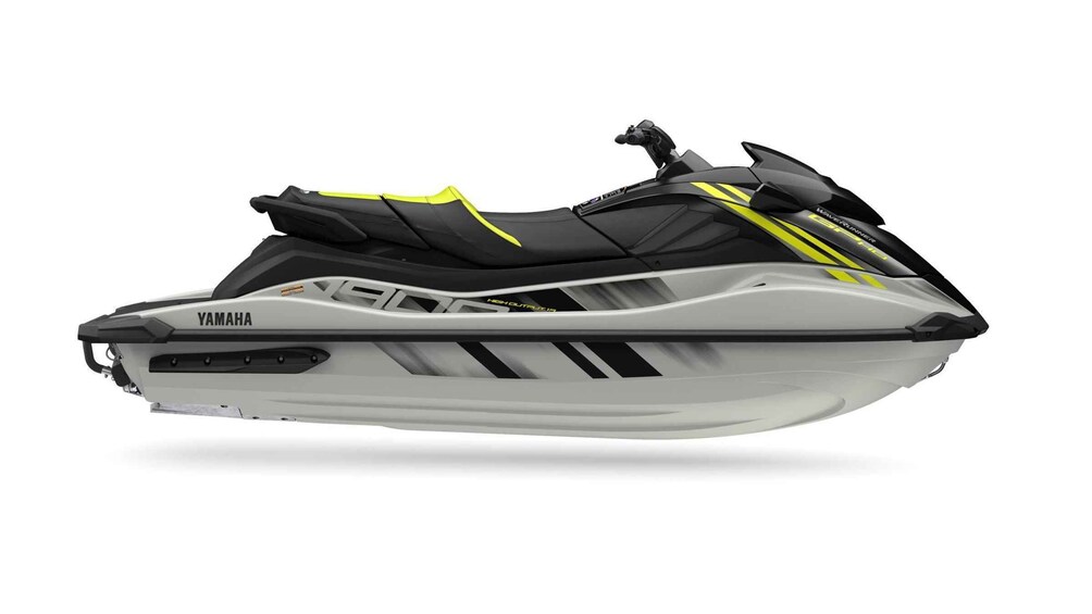 A Yamaha high-performance jet ski with a sleek design, featuring prominent yellow accents and a black and white color scheme. 1