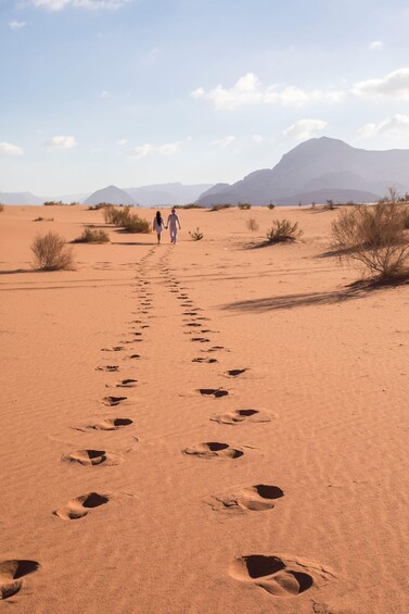 A desert landscape with footprints leading towards distant mountains. 1