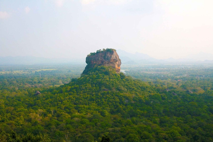 A forested mountain with a prominent rock formation. 1