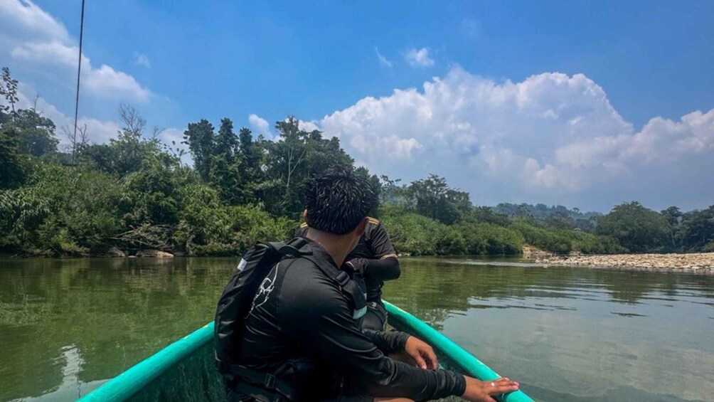 A person in a kayak on a calm river, surrounded by dense greenery and a clear sky. 3