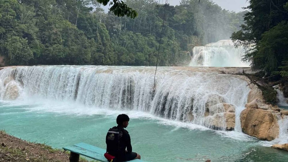 A waterfall cascading over rocks into a turquoise pool, surrounded by dense forest. 1