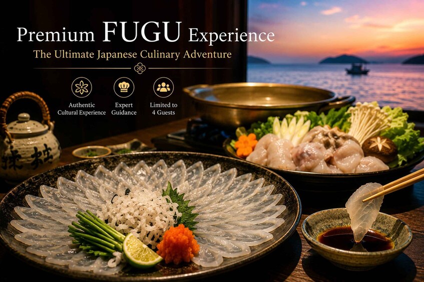 A premium FUGU experience with sashimi, rice, and a view of the sea at sunset. 5