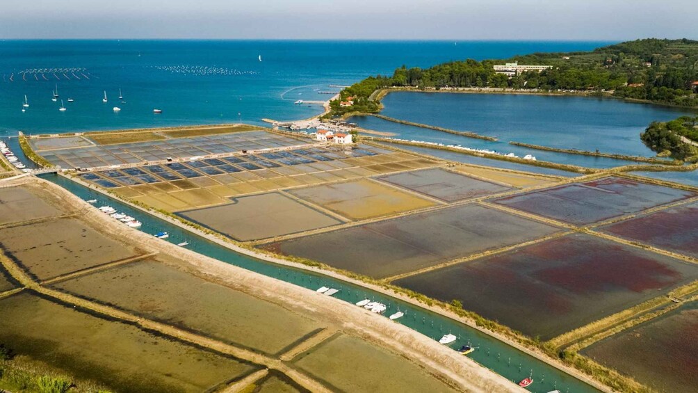 A coastal salt farm with rectangular ponds and boats along the shoreline. 2