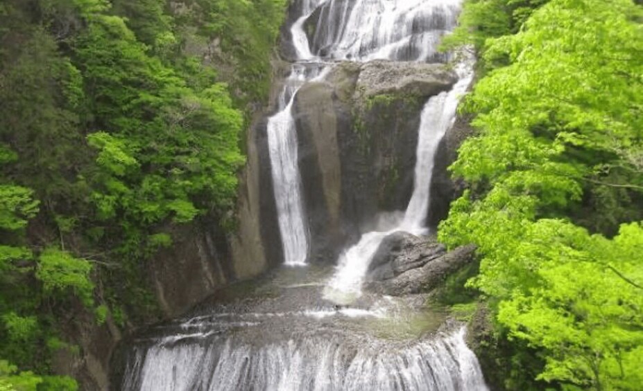 A multi-tiered waterfall surrounded by lush green forest. 5