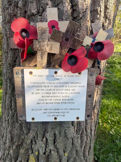 A memorial plaque on a tree with poppy flowers. 2