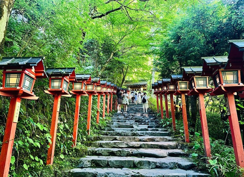 A stone staircase flanked by red lanterns leading up a forested path. 3