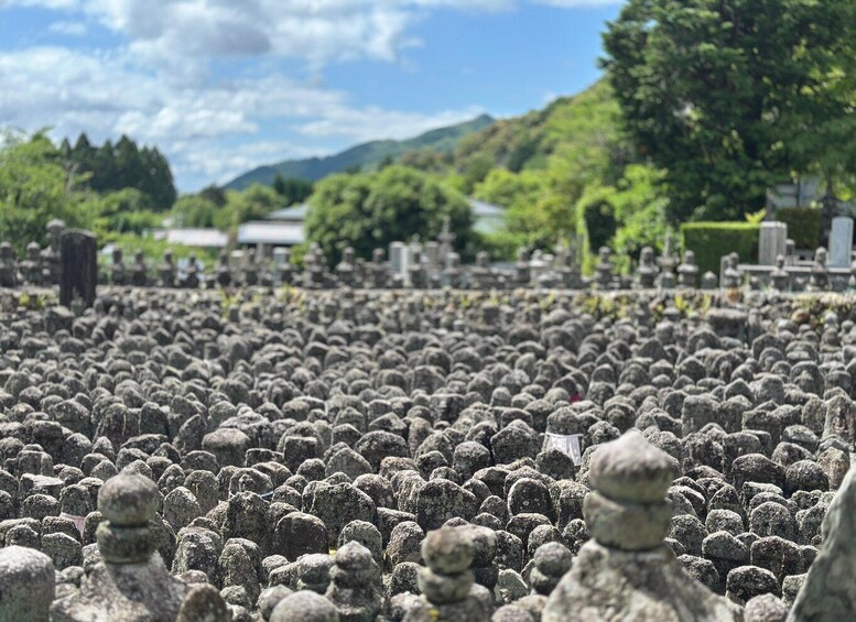 A cemetery with numerous stone headstones, trees, and a mountainous backdrop. 1