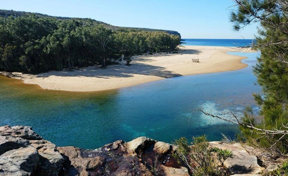 A coastal landscape with a sandy beach, clear blue waters, and dense forest. 1