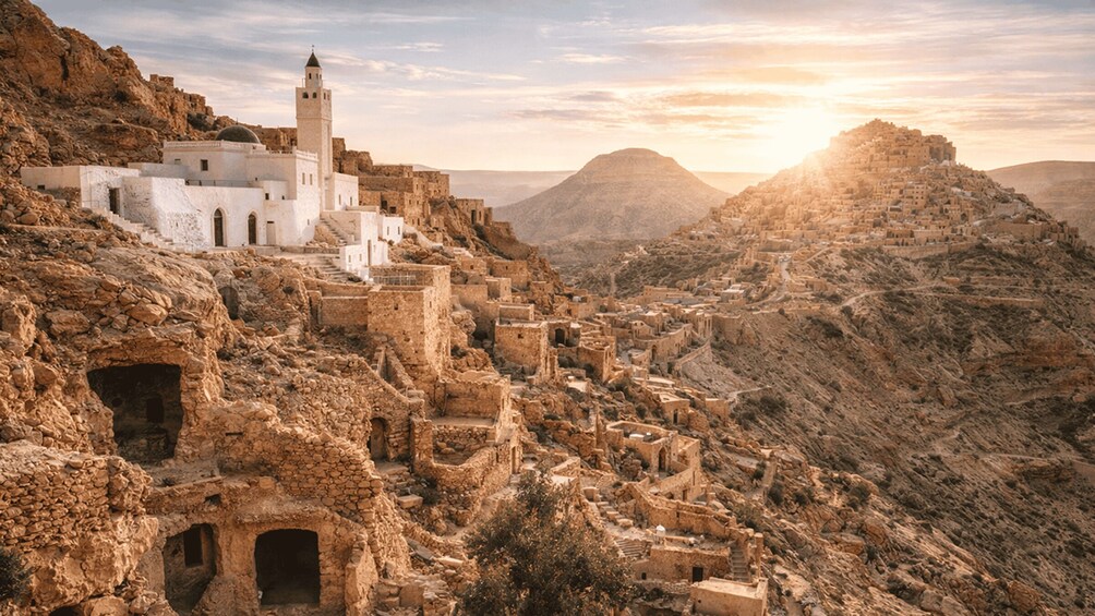 A historic town with ancient ruins and a prominent mosque with a minaret. 1