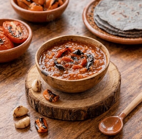 A bowl of stew with tomatoes and beans, surrounded by wooden bowls and a wooden spoon on a rustic table. 5