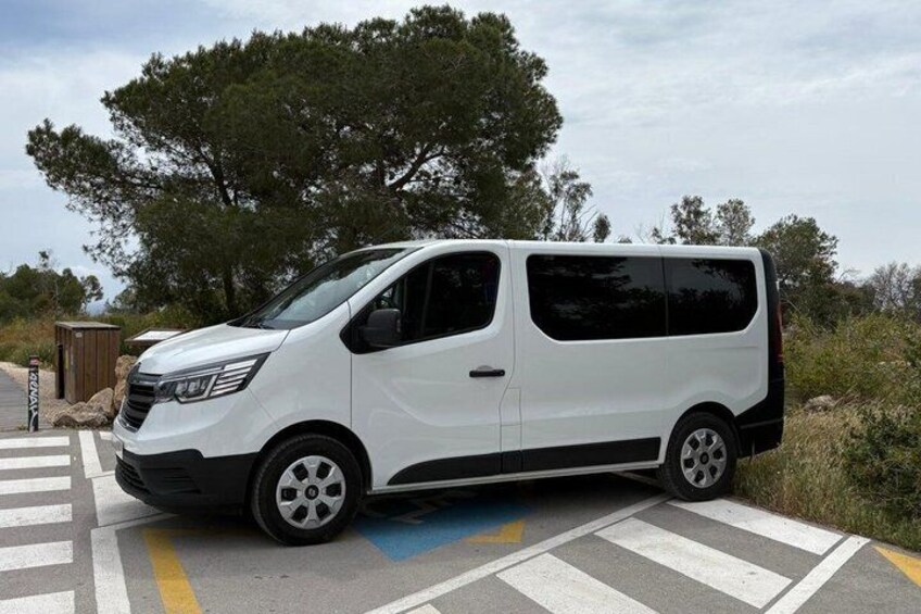 A white van parked on a road with zebra crossing markings, surrounded by trees and a clear sky. 2