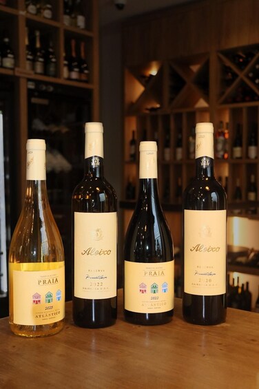 Four bottles of wine with labels, placed on a wooden surface in a dimly lit room with shelves in the background. 3
