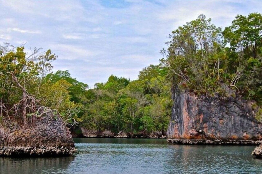 A calm river surrounded by dense greenery and rocky cliffs. 3