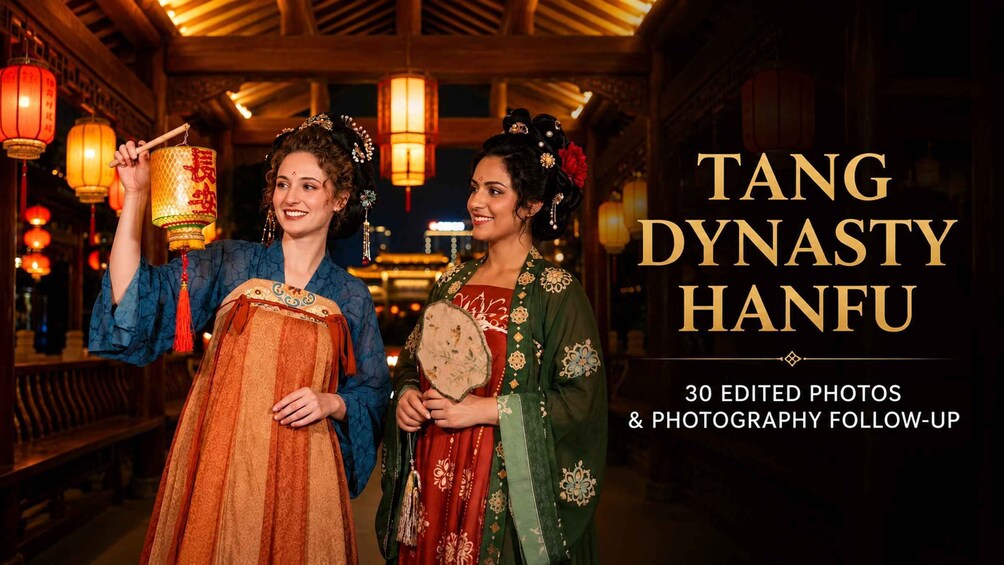 Two individuals in traditional attire, one holding a fan, in a dimly lit corridor with hanging lanterns. 3