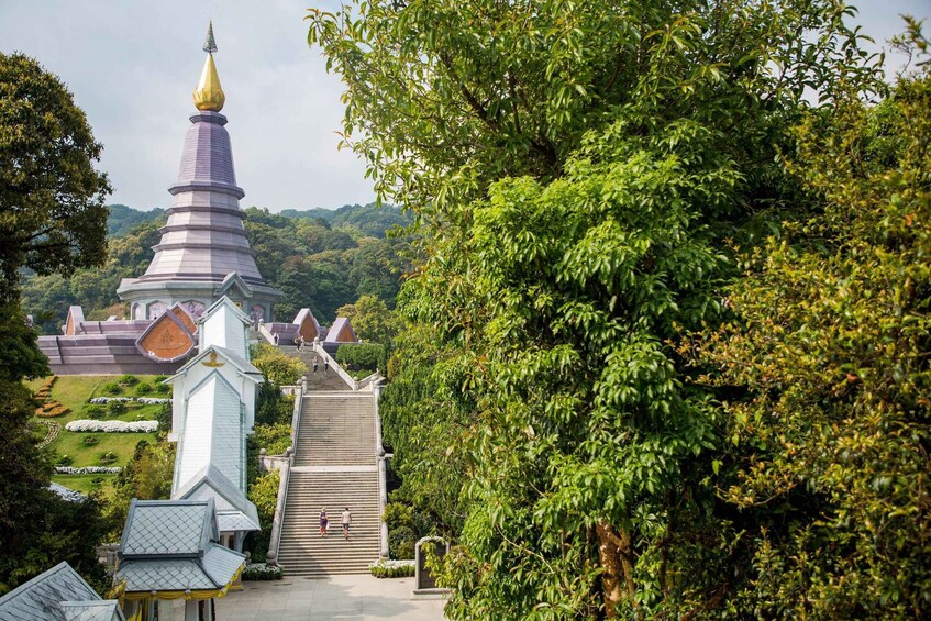 A pagoda with a golden spire, surrounded by lush greenery and a well-maintained garden. 4