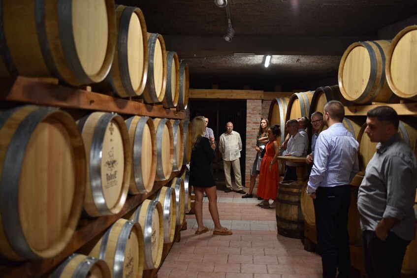 A group of people standing in a wine cellar with wooden barrels. 1