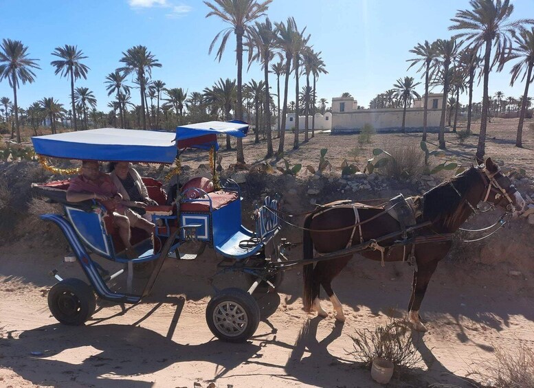 A horse-drawn carriage with passengers, palm trees, and a desert landscape. 3