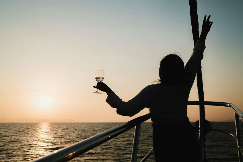 A silhouette of a person holding a wine glass, standing on a boat with arms raised, facing the sunset over the ocean. 1