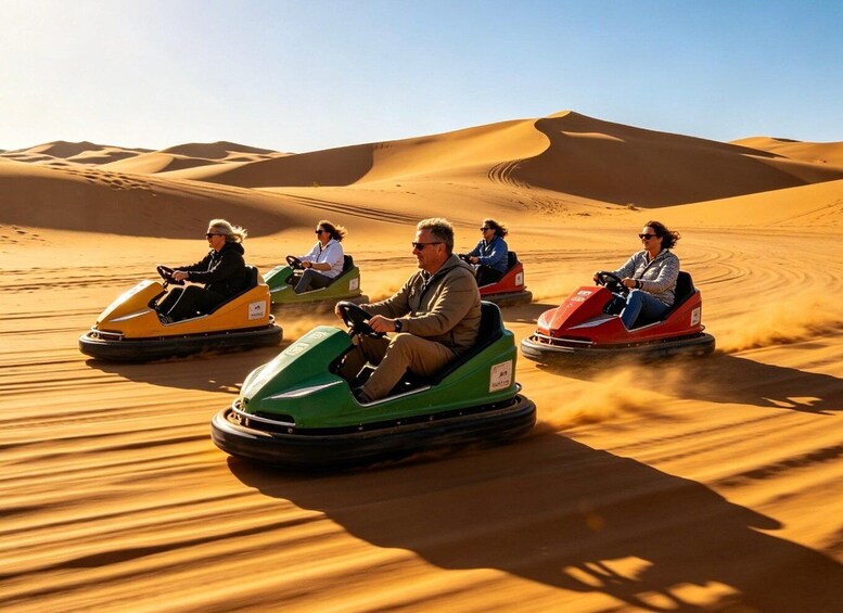 People riding bumper cars in a desert. 3